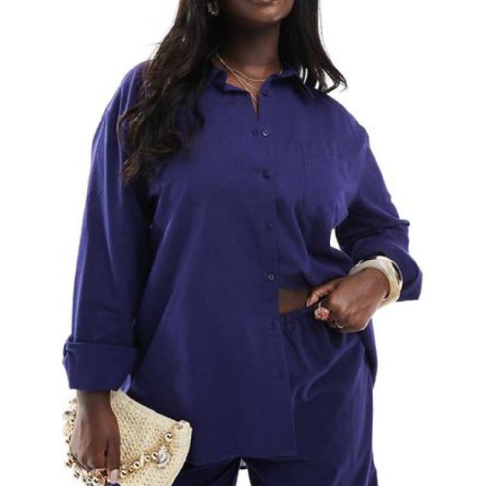 Esmée Curve Exclusive Linen Blend Long Sleeve Oversized Beach Shirt Sz: 20